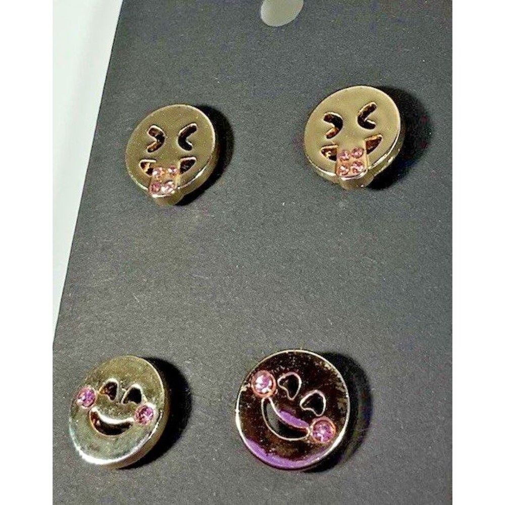2 Pairs Emoji Earrings Silver Tone Tongue Out & Smiley Studs Cute Pierced Faces